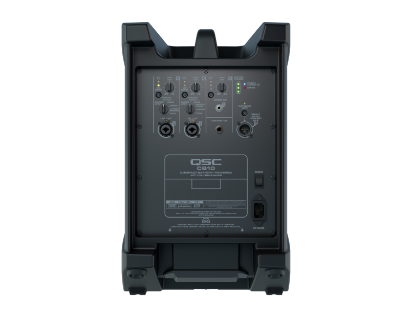 Rear panel of the QSC CB10 showing its three-channel mixer and connections