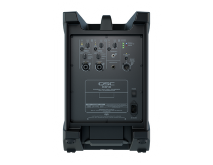 Rear panel of the QSC CB10 showing its three-channel mixer and connections