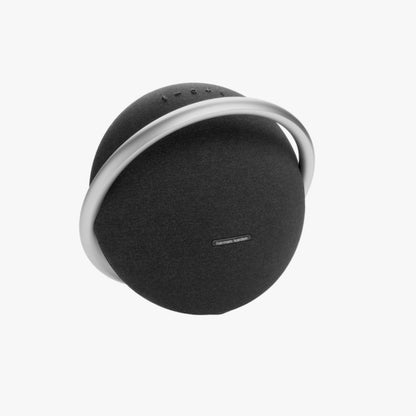 Harman Kardon Onyx Studio 8 portable Bluetooth speaker in black with a silver ring