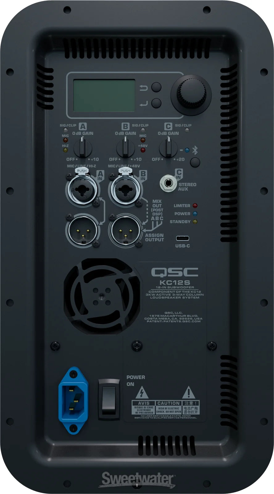Rear panel of the QSC KC12 subwoofer showing the mixer display, XLR and Speakon connections