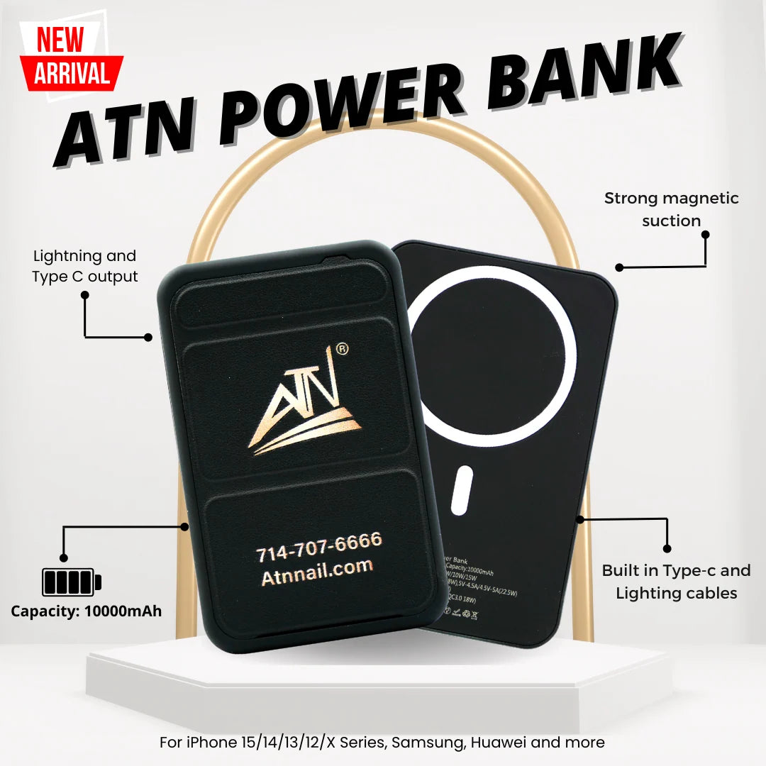 ATN Power Bank feature card: 10000mAh capacity, strong magnetic attachment and built-in Type-C and Lightning cables