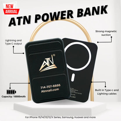 ATN Power Bank feature card: 10000mAh capacity, strong magnetic attachment and built-in Type-C and Lightning cables