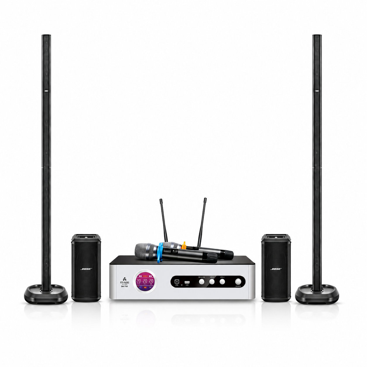 ATN DK-750 karaoke amplifier with two Bose L1 Pro32 line array speakers and Sub2 bass modules
