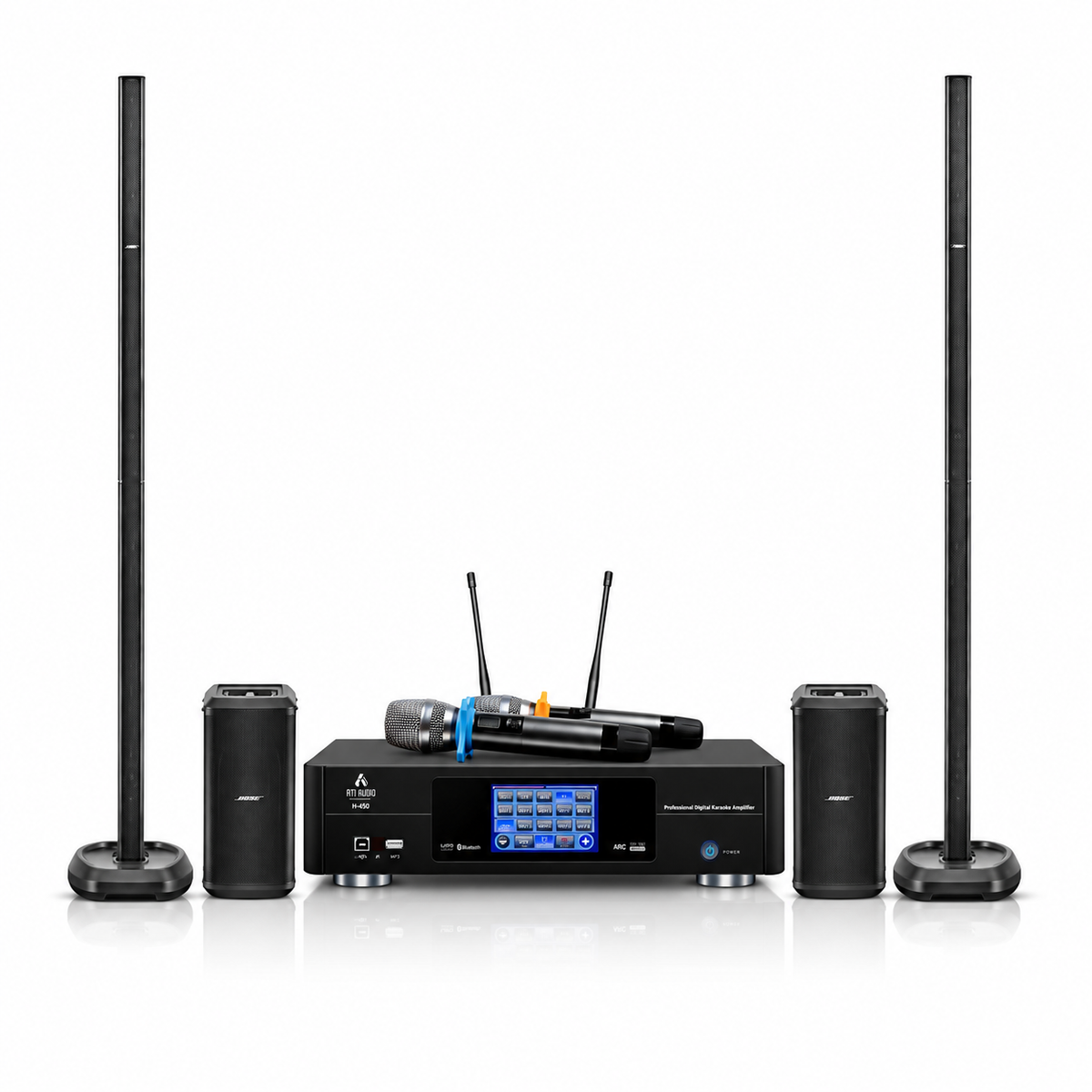 ATN H-450 digital karaoke amplifier with two Bose L1 Pro32 line array speakers and Sub2 bass modules