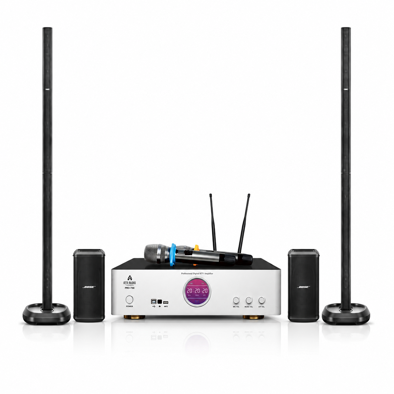 ATN Pro-750 karaoke amplifier with two Bose L1 Pro32 line array speakers and Sub2 bass modules