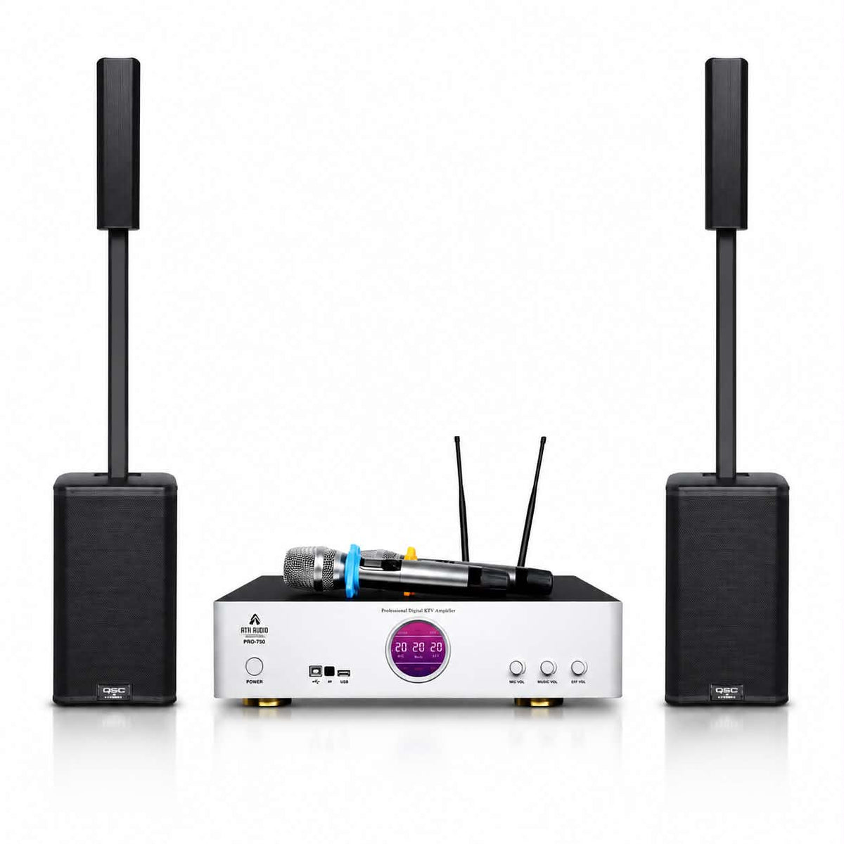 ATN Pro-750 karaoke amplifier with two QSC KC12 column PA speakers
