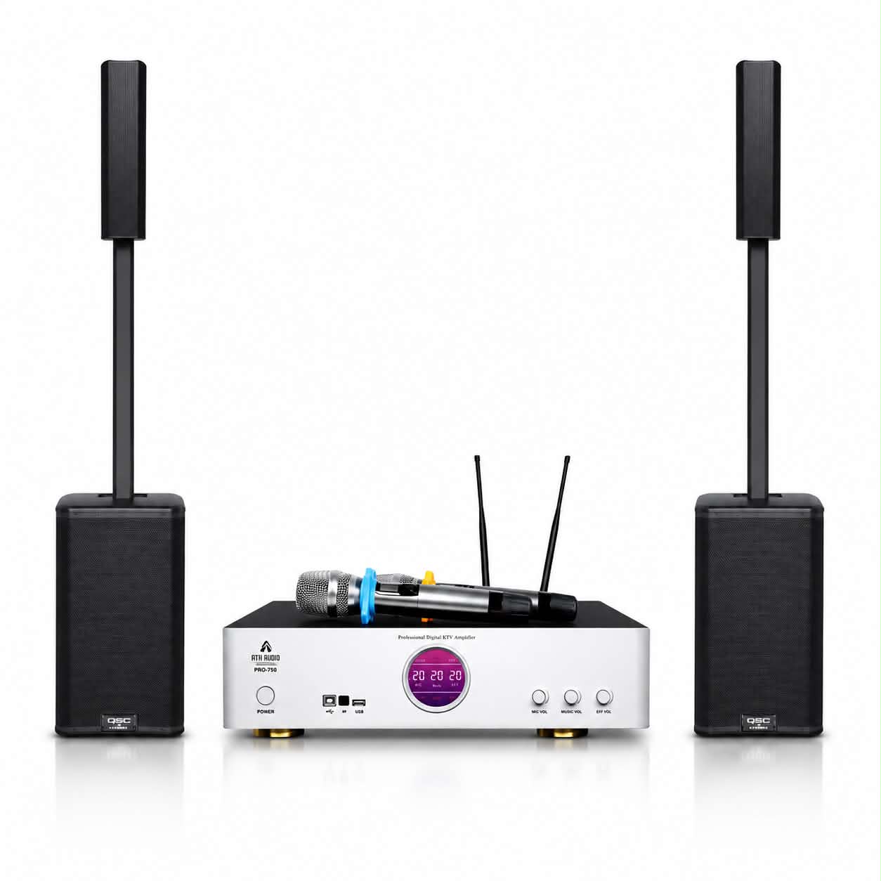 ATN Pro-750 karaoke amplifier with two QSC KC12 column PA speakers