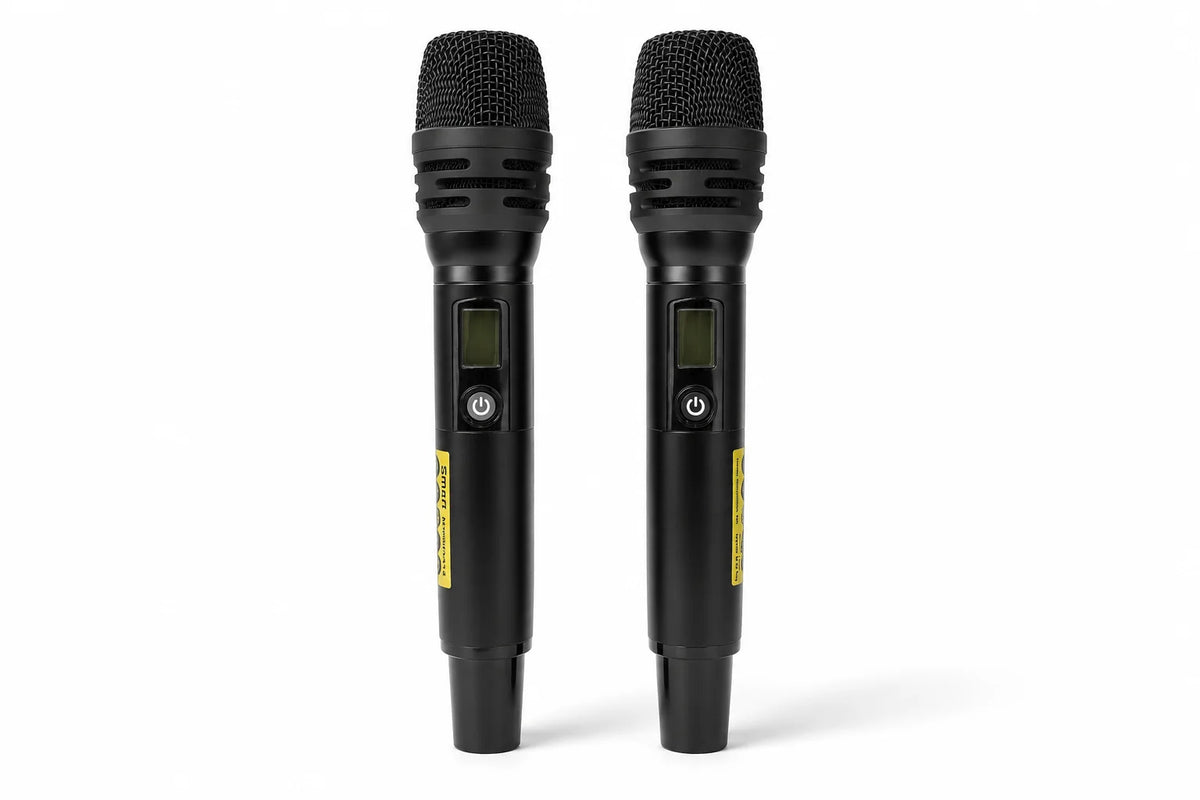 The two UHF wireless handheld microphones included with the Oris TX 252