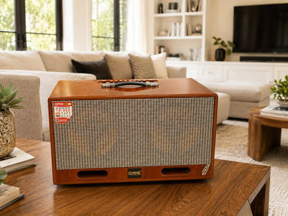 Oris TX 252 karaoke speaker on a coffee table in a living room