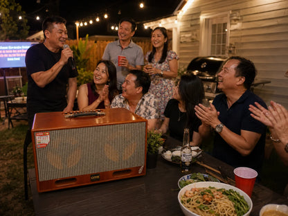 Friends singing karaoke around the Oris TX 252 speaker at a backyard party