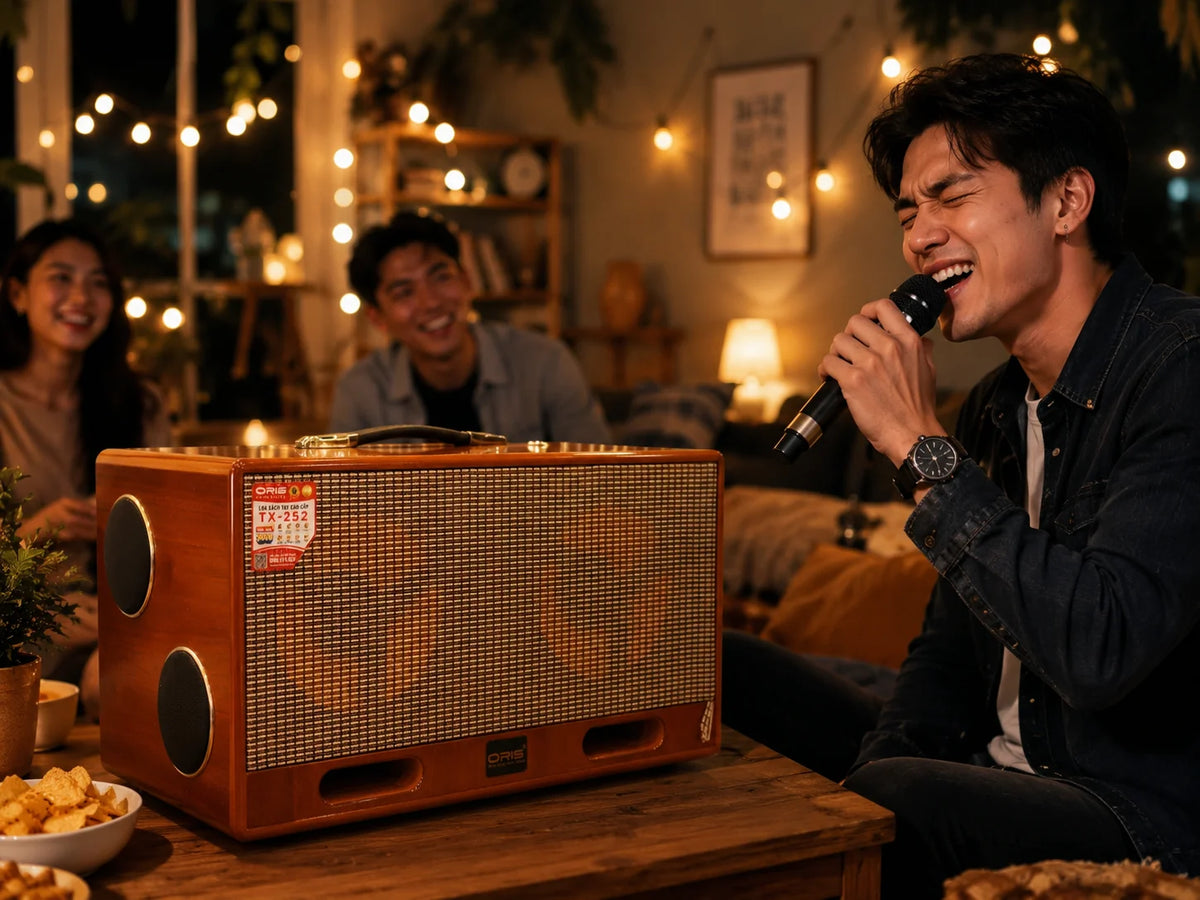 Man singing into a wireless microphone with the Oris TX 252 karaoke speaker at an indoor gathering