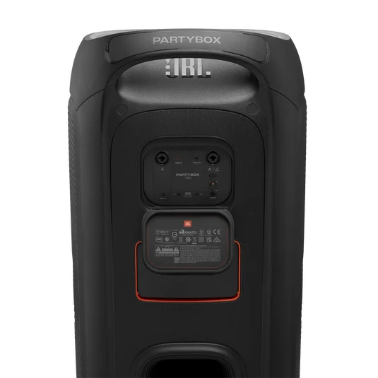 JBL PartyBox 720 with the connections panel open showing its inputs