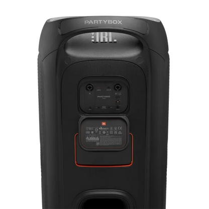 JBL PartyBox 720 with the connections panel open showing its inputs
