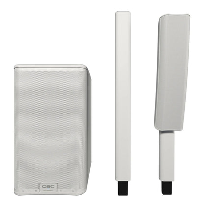 QSC KC12 components in white: subwoofer cabinet and two column array sections