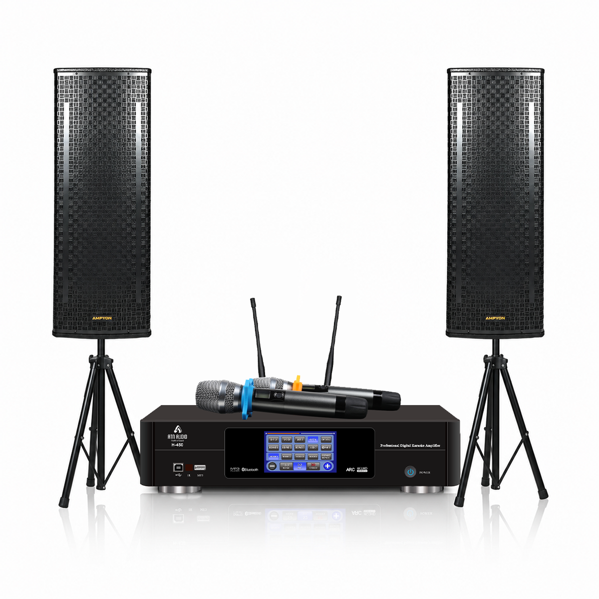 ATN H-450 karaoke amplifier bundled with Ampyon LS-12EX floor-standing speakers